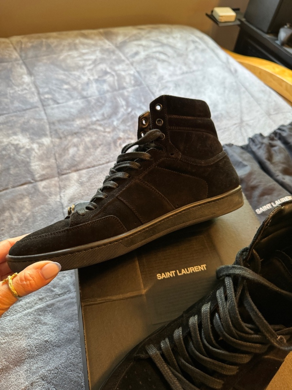Saint Laurent Men’s Black Suede High-Top Sneakers - Lace-Up - Picture 6 of 7